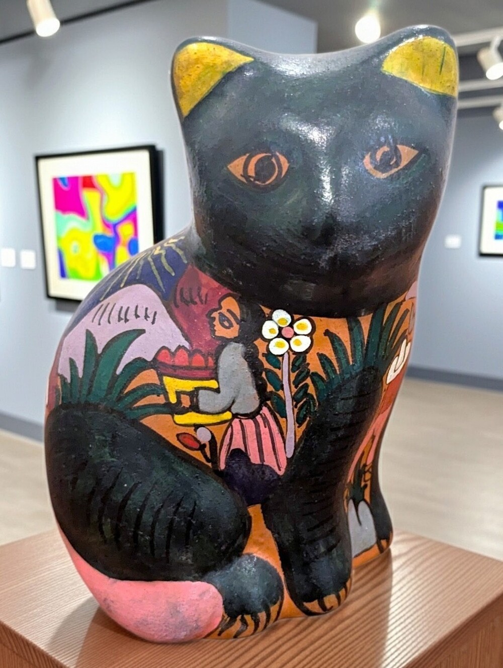 Vintage Signed Jalisco Folk Art Glazed Terra Cotta Hand Painted Sitting Cat